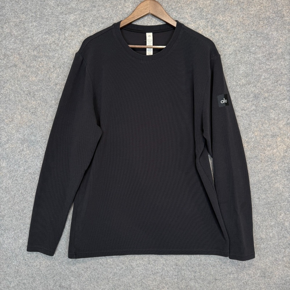 ALO Yoga Micro Waffle Fast Break Long Sleeve Tee Shirt Mens Large Black Knit